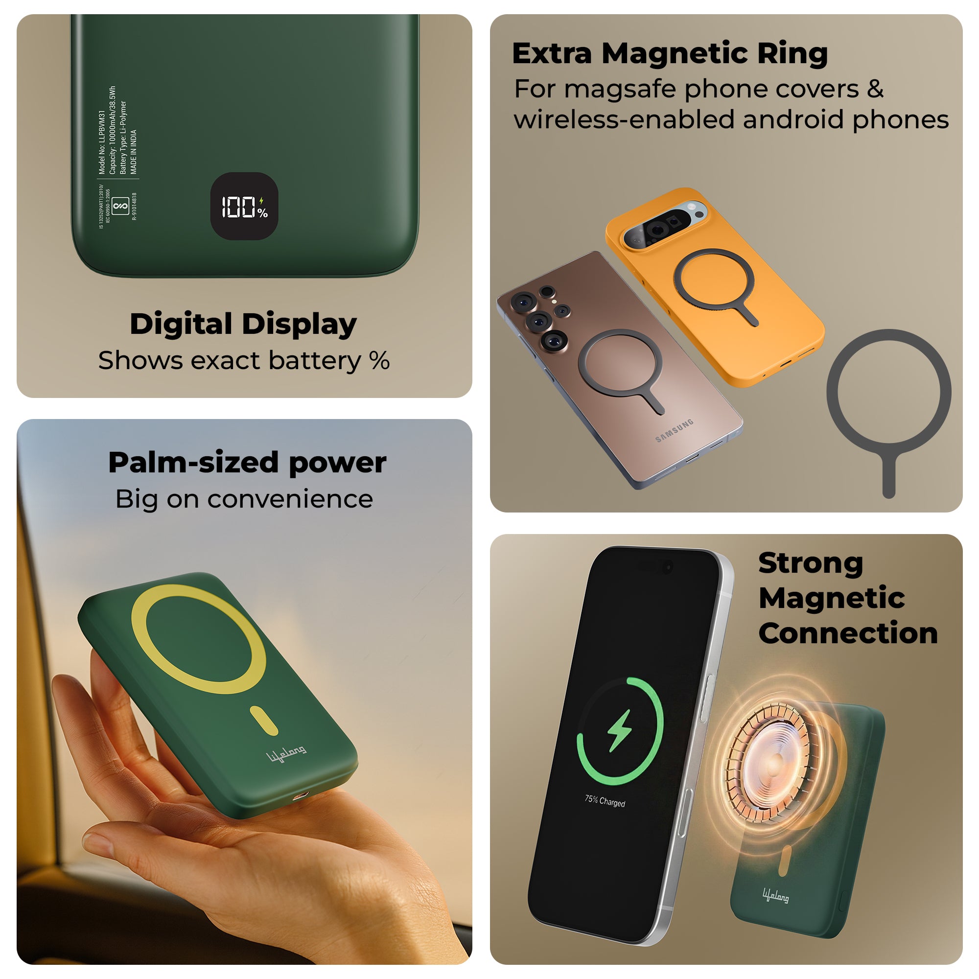 Lifelong Electronics 10000mAh MagSafe Wireless Fast Charging Power Bank for iPhone, Apple AirPods and All Qi Enabled Phones & Devices | Supports Wired Charging (Cable Included) | Extra Magnetic Ring