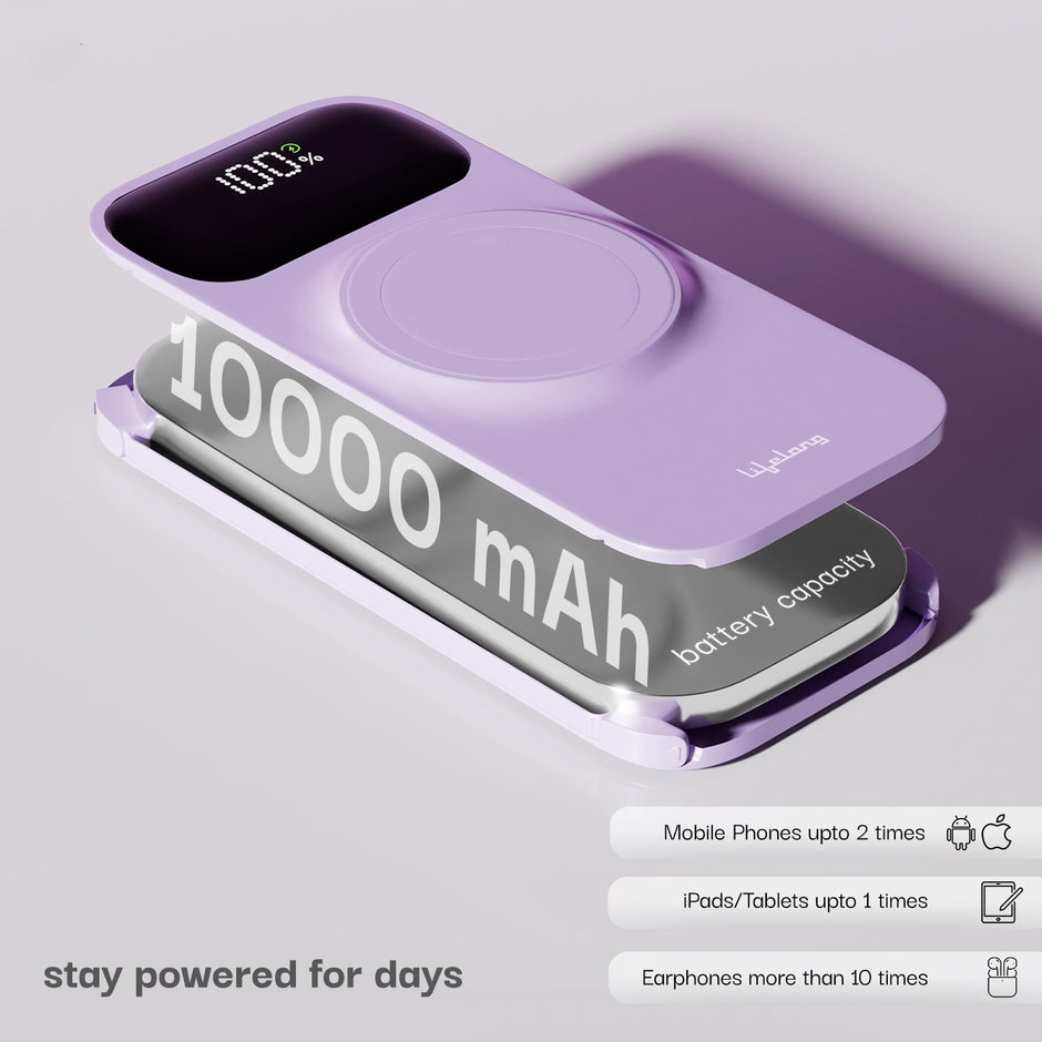 Lifelong 10000mAh Power Bank with 22.5W Fast Charging, Wireless Charging & Phone Stand - Lavender