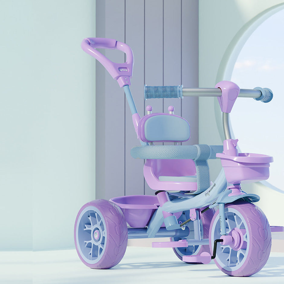 Lifelong Kids Harness Tricycle with Parental Control, EVA Wheels, Bell & Storage Basket – Baby Trike for 1–4 Years (25kg Capacity, Blue/Lavender)