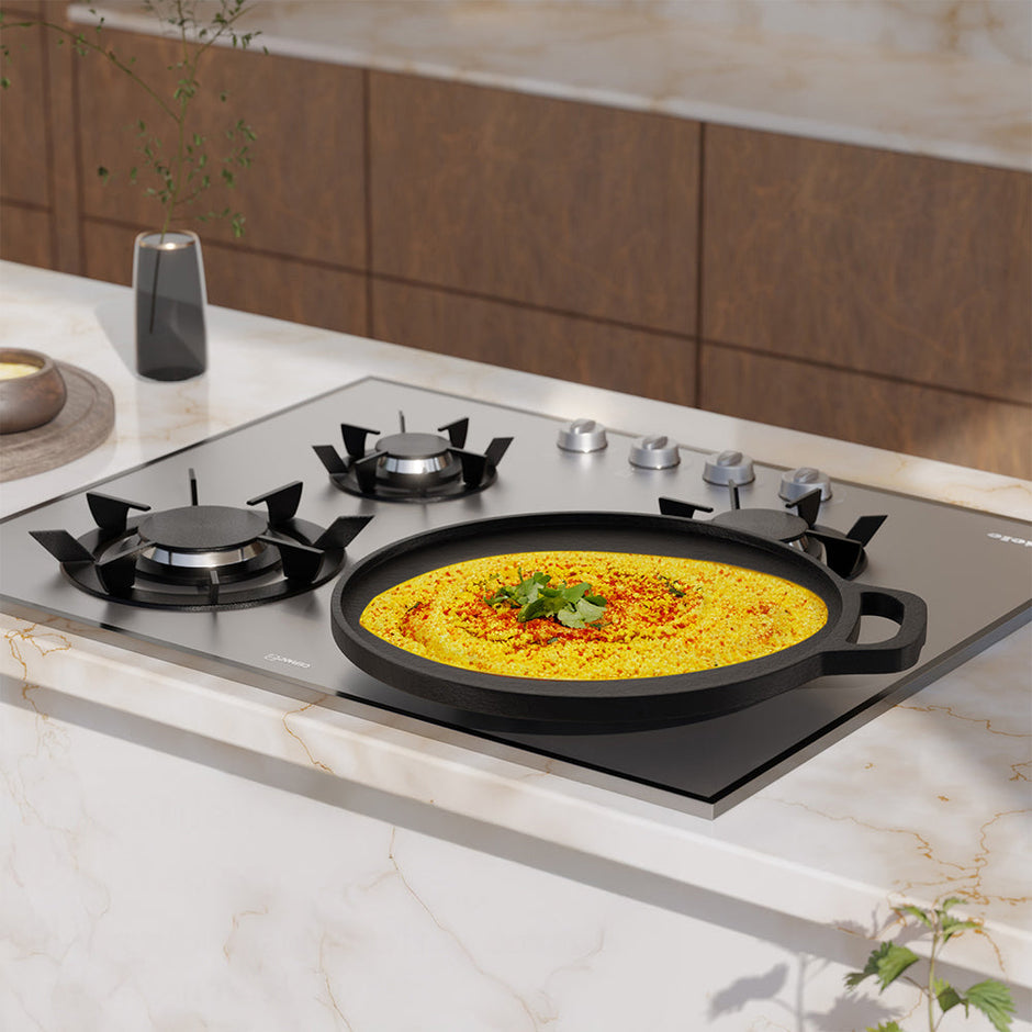 Lifelong Cast Iron Tawa 30cm With Wooden Spatula - Durable, Easy-Clean, Gas & Induction Safe