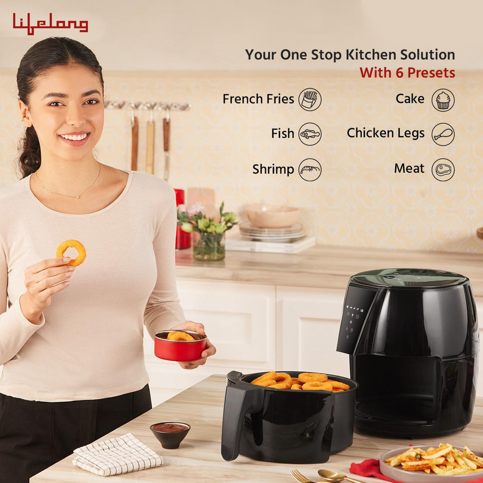 Lifelong Air Fryer | 1 Year Warranty | 1350W, 4.2L, Air Fryer for Home, Digital Air-Fryer with 6 Presets, Hot Air Circulation, Temperature & Timer Control, Up to 90% Less Oil Usage (LLHFD439, Black)