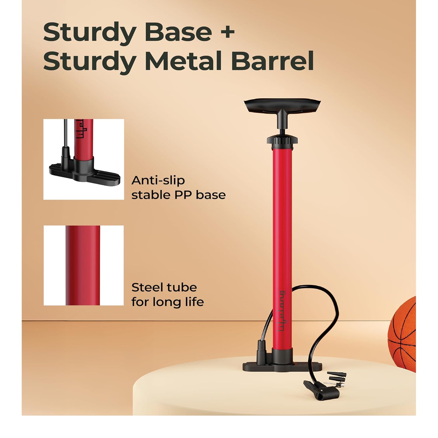 Lifelong Portable High Pressure Bicycle Air Pump | Hand Air Pump to Upto120 PSI | Durable Metal Body with Foldable Base |Red