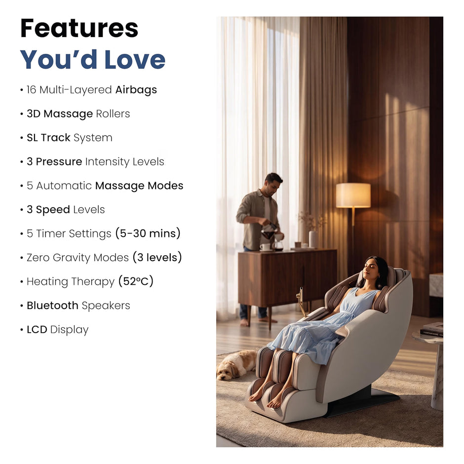 Lifelong Full Body Massage Chair with Recliner for Home & Office|SL Track & Back Heating| 3D Rollers for Pain Relief |16 Airbags, 5 Auto Programs, 3 Intensities, Foot Rollers, Zero Gravity, Bluetooth
