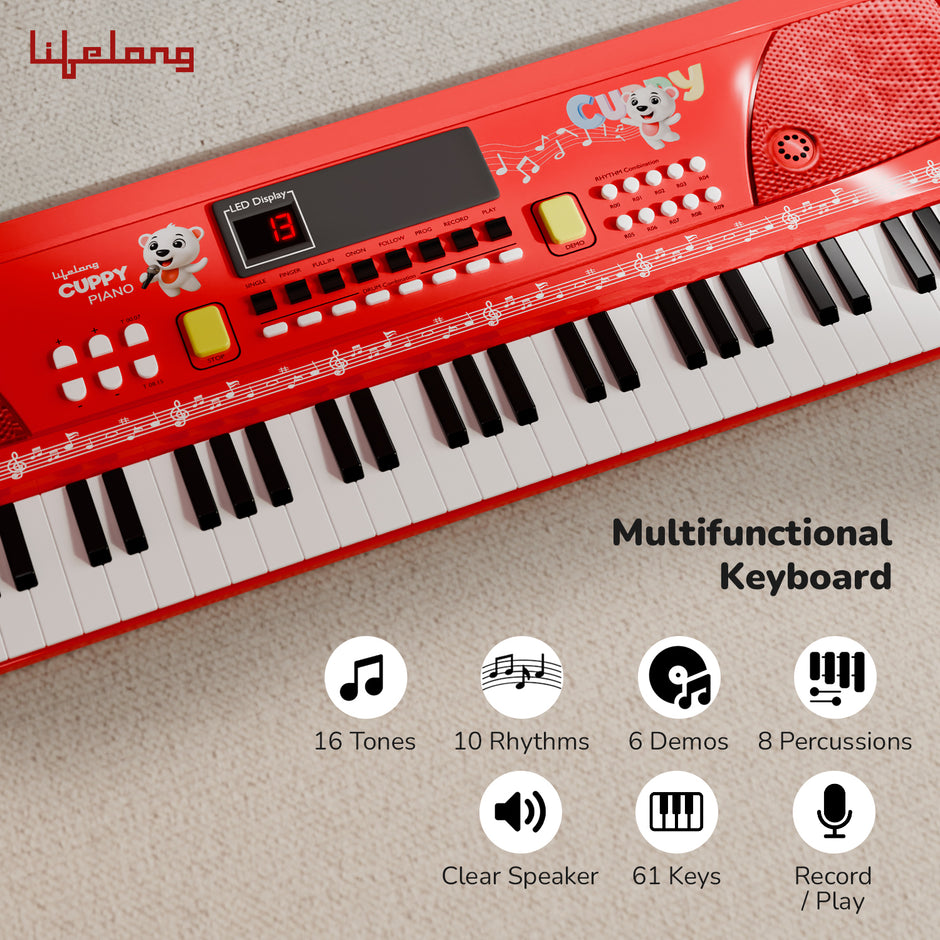 Lifelong Cuppy 61-Key Kids Keyboard Piano with Microphone – LED Display, Recording Feature, Musical Toy 3+ Years