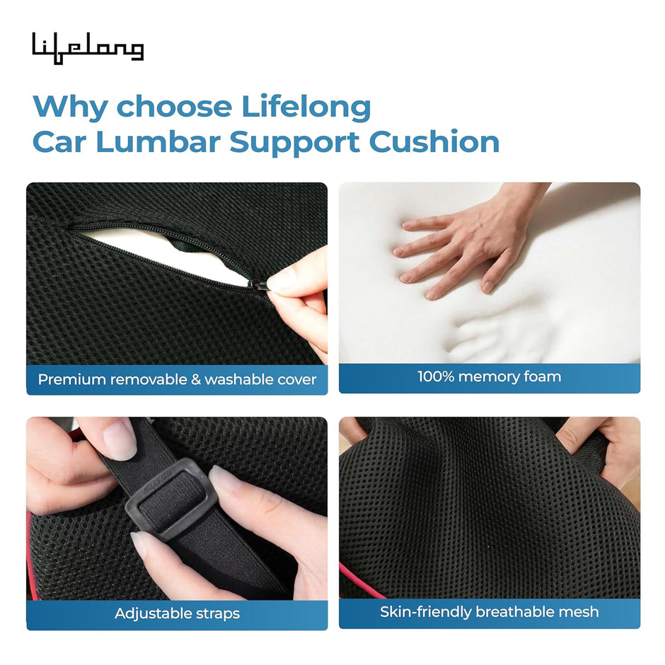 Lifelong Car Lumbar Support Cushion for Back Pain Relief| 100% Memory Foam Ergonomic Posture Pillow for Drive, Sciatica, Lower Back| Adjustable Strap, Breathable Mesh Cover (LLBR11)