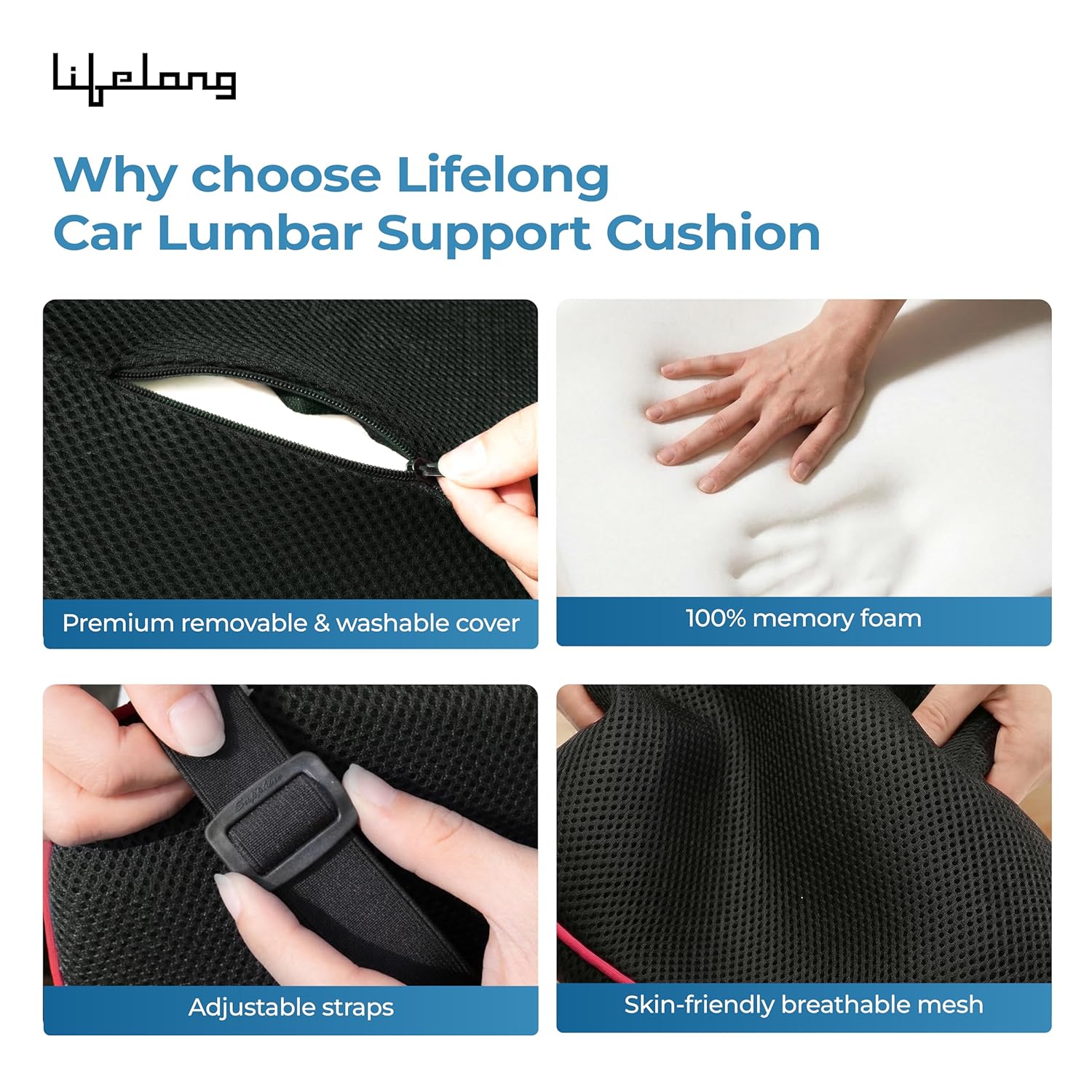 Lifelong Car Lumbar Support Cushion for Back Pain Relief| 100% Memory Foam Ergonomic Posture Pillow for Drive, Sciatica, Lower Back| Adjustable Strap, Breathable Mesh Cover (LLBR11)