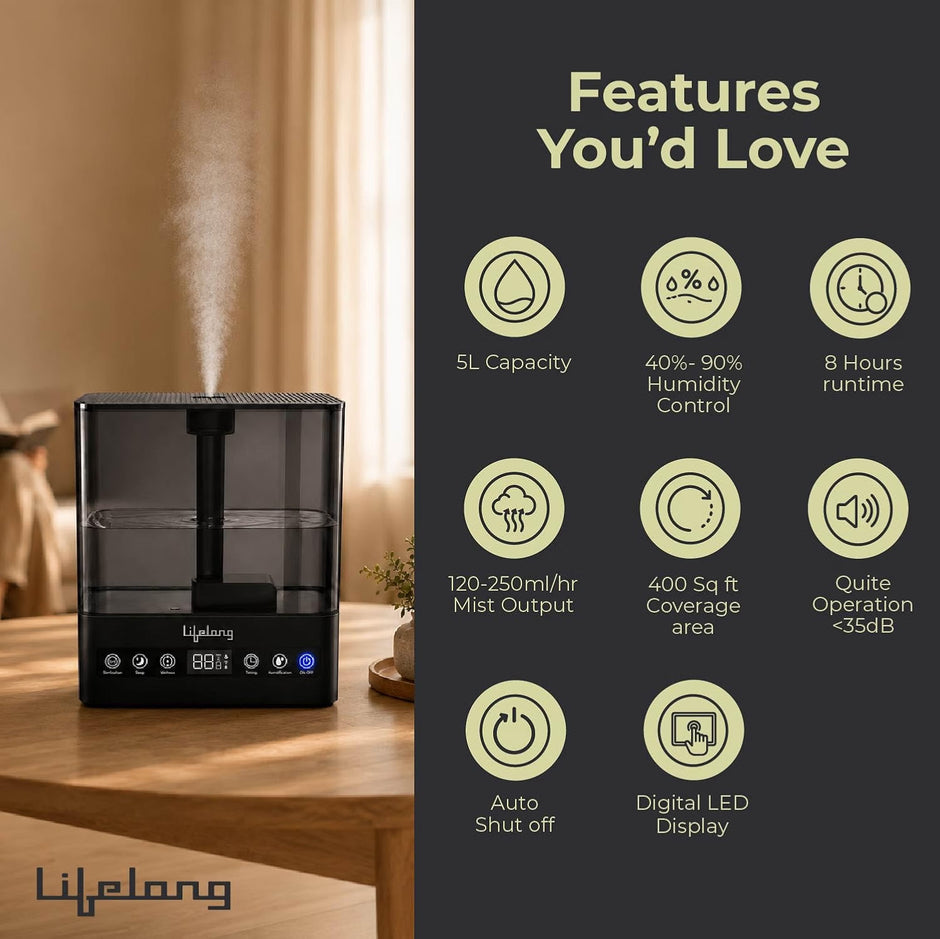 Lifelong Cool Mist Ultrasonic Humidifier for Room Moisture 5L |Top Fill Room Freshener Diffuser for Home, Office, Bedroom, Living Room | 35dB, 360° Nozzle, Adjustable Mist, Auto Shut Off, 8Hr Runtime