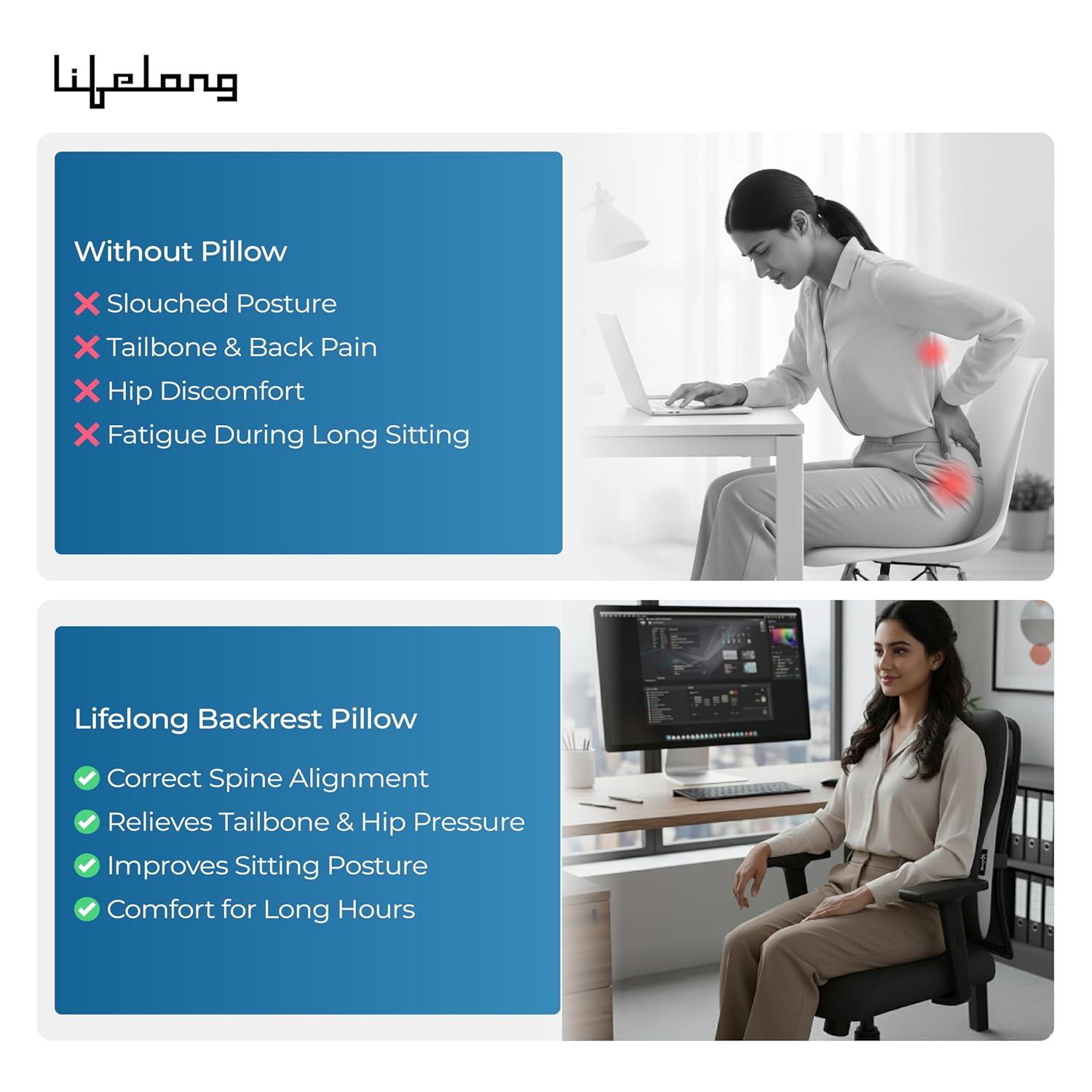 Lifelong Back Support Cushion for Office Chair & Car | Ergonomic Memory Foam Design for Better Posture, Reduced Fatigue, and Comfortable Sitting During Work or Travel