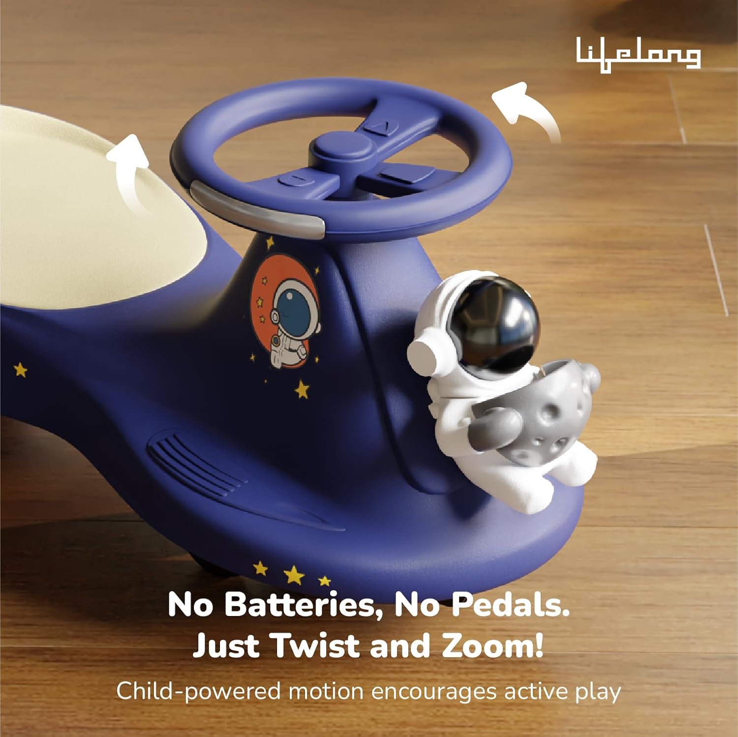 Cuppy Galaxy Ride On Swing Car for Kids | Space Theme, No Battery, No Pedal, Non-Slip Wheels