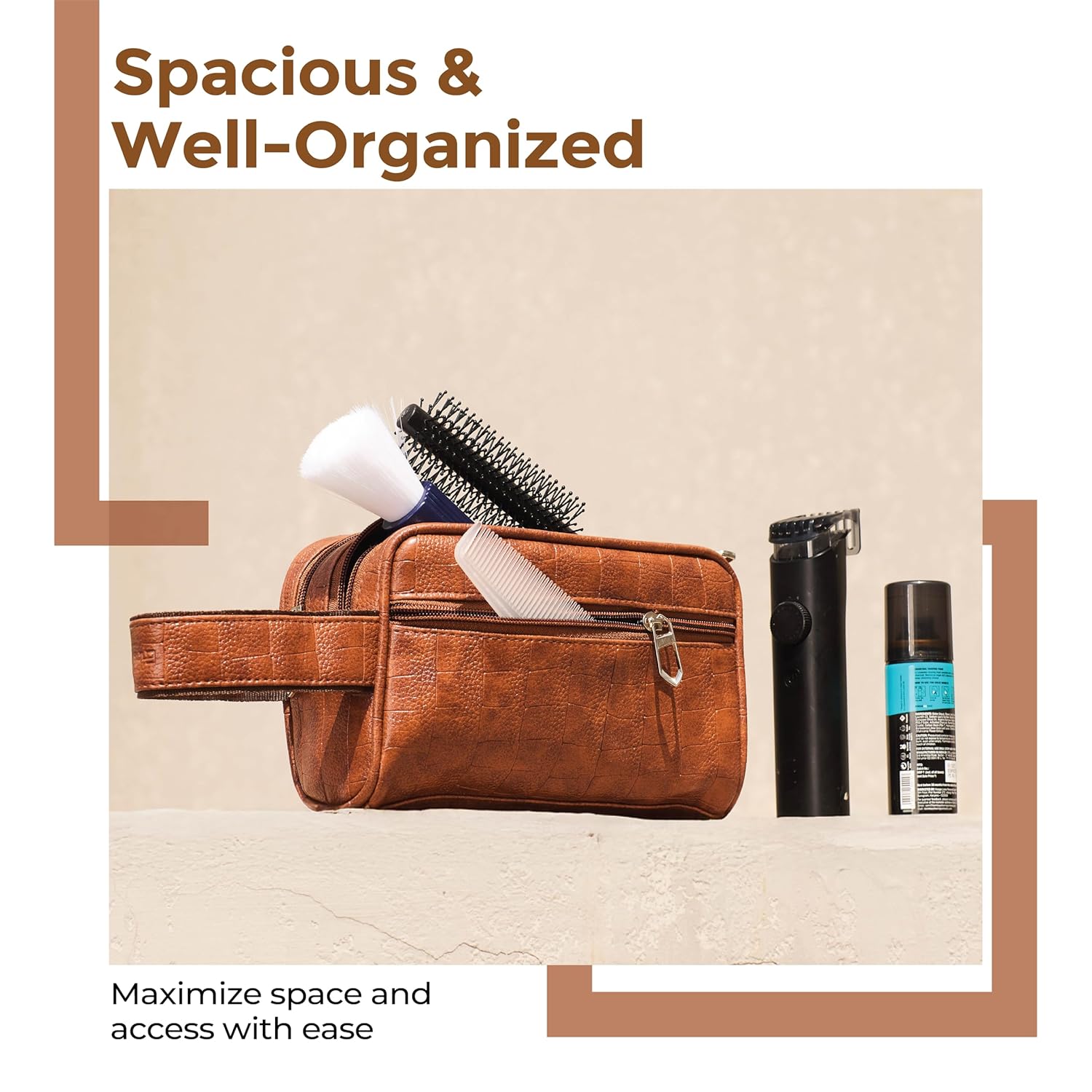 Lifelong Toiletry Bag for Men & Women | Vegan Leather Travel Pouch & Organizer | Shaving Kit, Grooming & Makeup Pouch | Cosmetic Toiletry Bag for Travel, Gym, Daily Use & Travel Accessories (Tan)