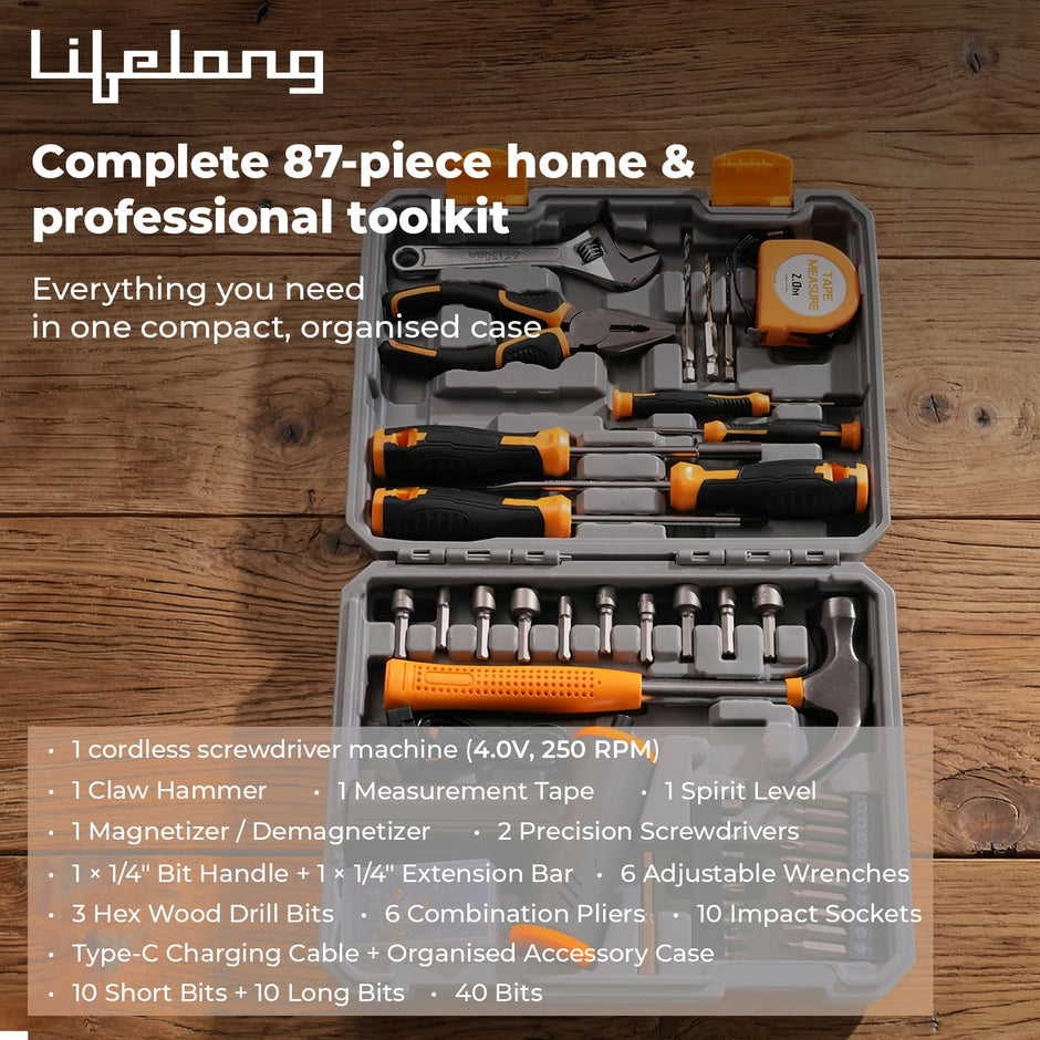 Lifelong Rechargeable Screwdriver Tool Kit Set | Drill Bits for Home Use 87 Pcs | Heavy Duty Cordless Portable Tool Box | Socket, Wrench, Claw Hammer, Plier, Measuring Tape, Magnetizer/Demagnetizer