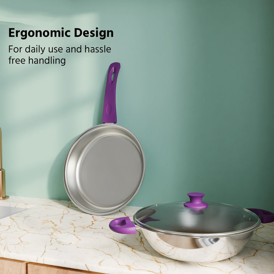 Lifelong 22 CM Kadhai and Fry Pan with Lid| Soft Touch Handles | LLTPC8