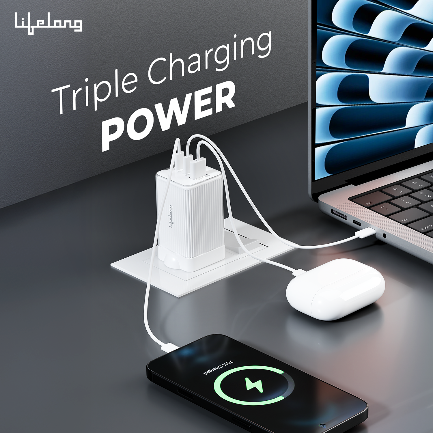 Lifelong Electronics 65W GaN Fast Charger PD Technology | 1 USB A + 2 Type C Ports