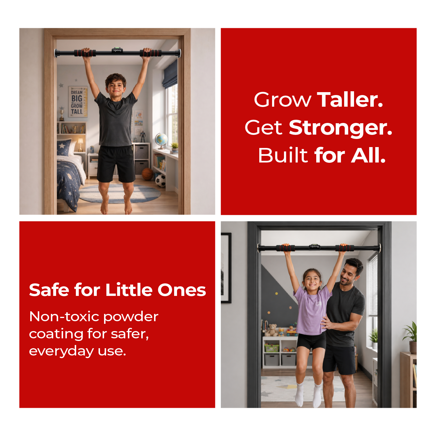 Lifelong Pull Up Bar for Home| Adjustable 62–100 cm Doorway Pull Up Bar with Built-in Leveller |No Drill Installation |100kg Capacity, Anti-Slip Lock, Foam Grip Handles |Gym Equipment for Home Workout
