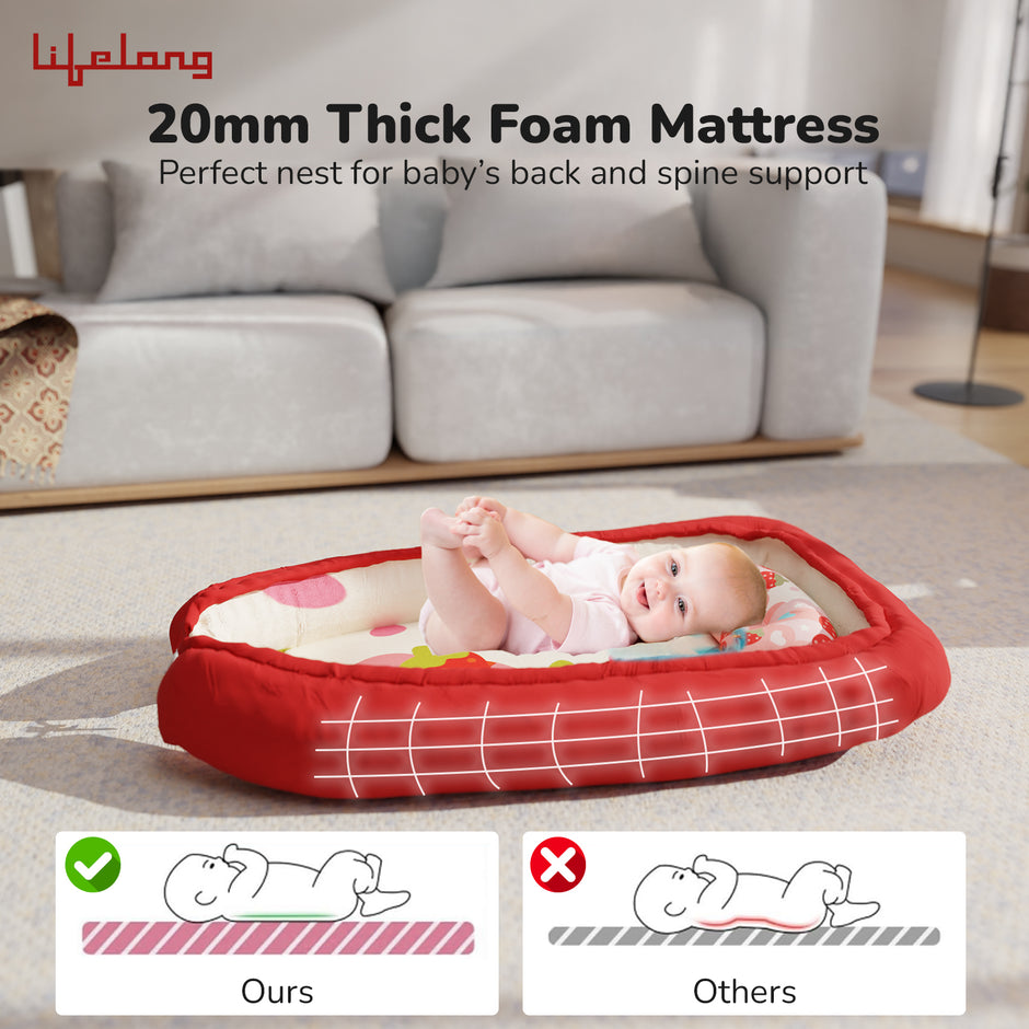 Lifelong Cuppy Baby Nest Bed with Headrest | Reversible, Foldable & Adjustable Sleeping Bed for Newborns | Soft Cotton Portable Sleep Pod for 0–2 Years