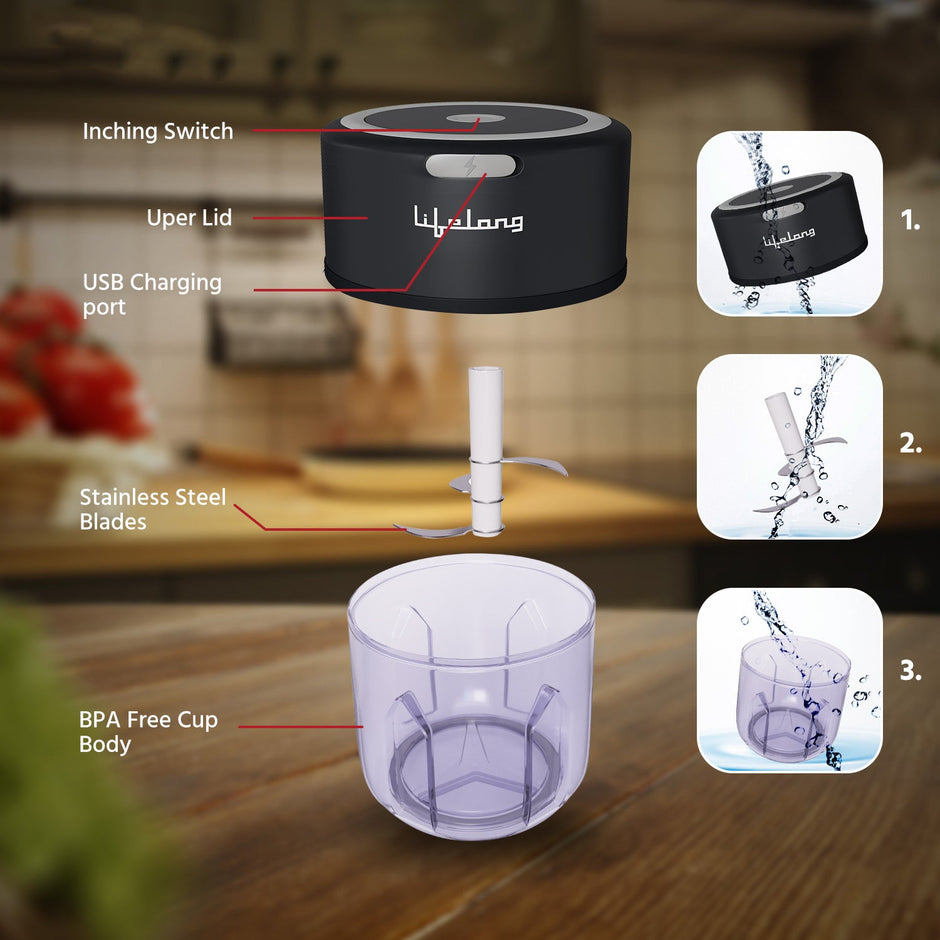 Lifelong LLWC02 Rechargeable Wireless Electric Chopper , Black-250 ml