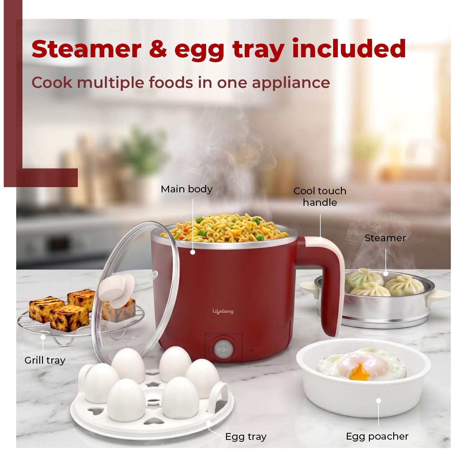 Lifelong Multipurpose Kettle | Multi Cooker Electric Kettle with Egg Tray, 1.2L Stainless Steel Body, Auto Cut Off, 300W Slow Heat & 650W Quick Boil | Boil Rice, Steam & Cook Vegetables, Eggs & Momos