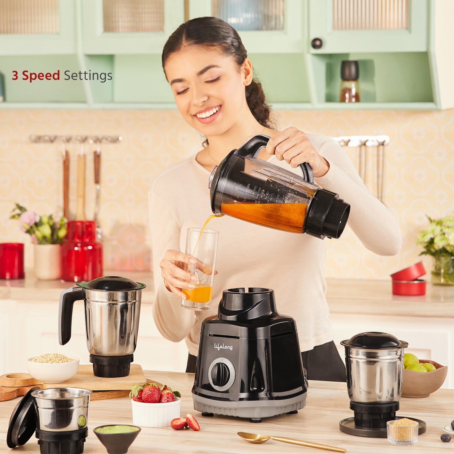 Lifelong Juicer Mixer Grinder for Kitchen - 4 Jars 750 Watt Mixie - Juicer with Fruit Filter, Grinding Jar, Chutney Jar & Liquidizing Jar used as Wet Grinder & Blender - Stainless Steel Blades(LLMG75)