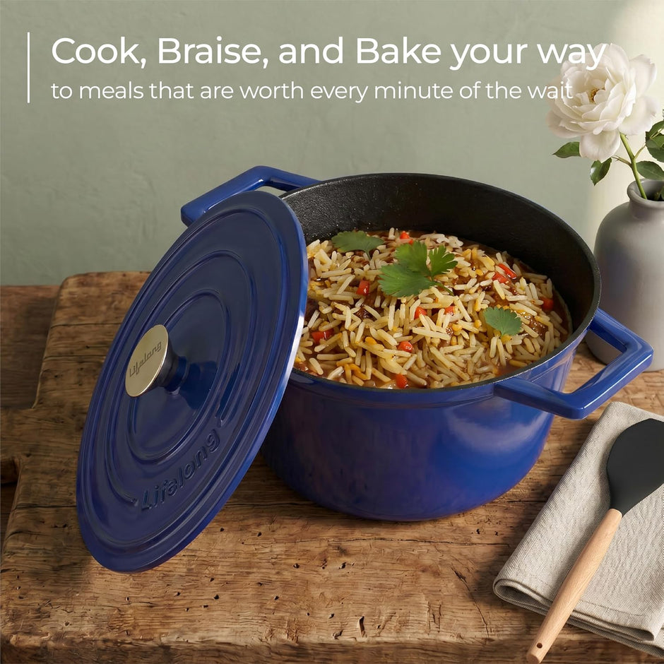Lifelong Enamel Cast Iron Casserole with Lid (3.8L, 24cm) | Oven, Gas & Induction Compatible | Slow Cooking, Even Heat Distribution, Nontoxic, Durable, Naturally Nonstick, No Stains or Scratch (Blue)