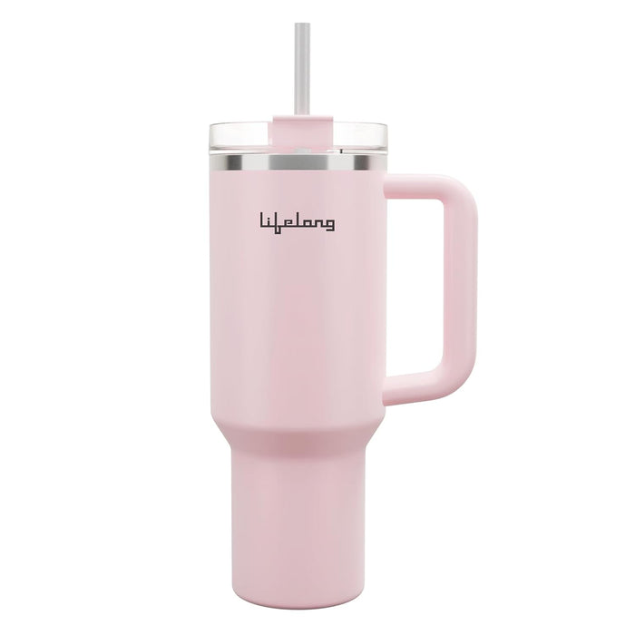 Lifelong Double-Walled Vacuum Insulated Tumbler with Handle 1200ml | Keeps Drinks Hot for 5 Hours & Cold for 9 Hours | Recycled Stainless Steel, Leakproof Lid & Comfort-Grip Handle Almond Rose