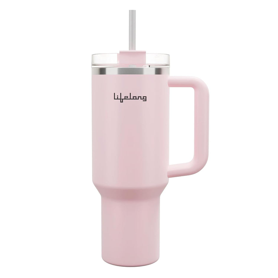 Lifelong Double-Walled Vacuum Insulated Tumbler with Handle 1200ml | Keeps Drinks Hot for 5 Hours & Cold for 9 Hours | Recycled Stainless Steel, Leakproof Lid & Comfort-Grip Handle Almond Rose