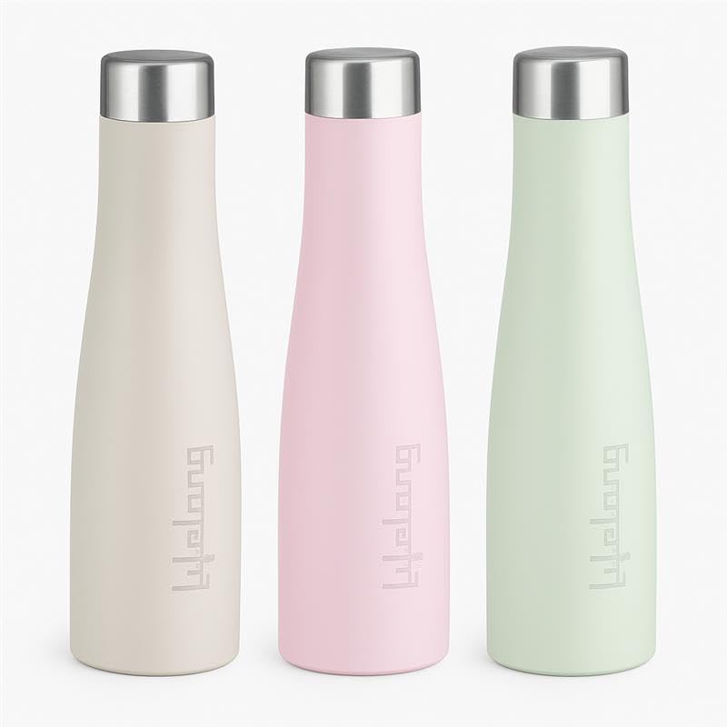 Lifelong Stainless Steel Water Bottle 900ml | Leak-Proof, Rust-Free, Odour-Free & Easy-to-Clean Bottles | Durable Travel, Gym, School & Office Water Bottles with Secure Cap (Pack of 3) Almond Birch, Blush Pink, Glacier