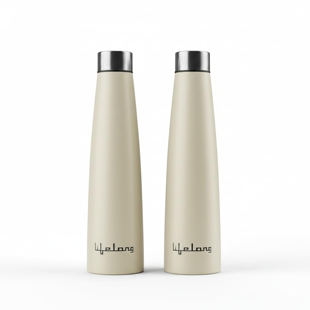 Lifelong 900ml Stainless Steel Water Bottle Pack of 2 | Leak-Proof & Durable | Easy to Clean | Odour-Free | Rust-Free Build, Secure Cap & Easy Grip | Ideal for School, Office, Travel & Gym (Beige)
