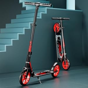 Kids Kick Scooter with Adjustable Height – Aluminium Frame (Black & Red)
