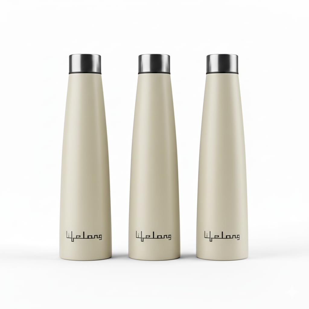Lifelong 900ml Stainless Steel Water Bottle Pack of 2 | Leak-Proof & Durable | Easy to Clean | Odour-Free | Rust-Free Build, Secure Cap & Easy Grip | Ideal for School, Office, Travel & Gym (Beige)