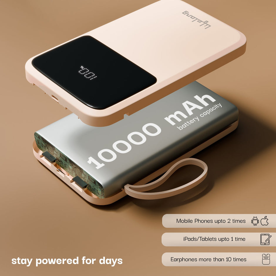 Lifelong Electronics 10000mAh 22.5W Fast Charging Power Bank | 3 Inputs (1 Built-in USB A Cable + 1 C + 1 Lightning Port) & 6 Outputs (3 Built-in Cables + 1 C + 2 A Port) | Small Pocket Size Powerbank