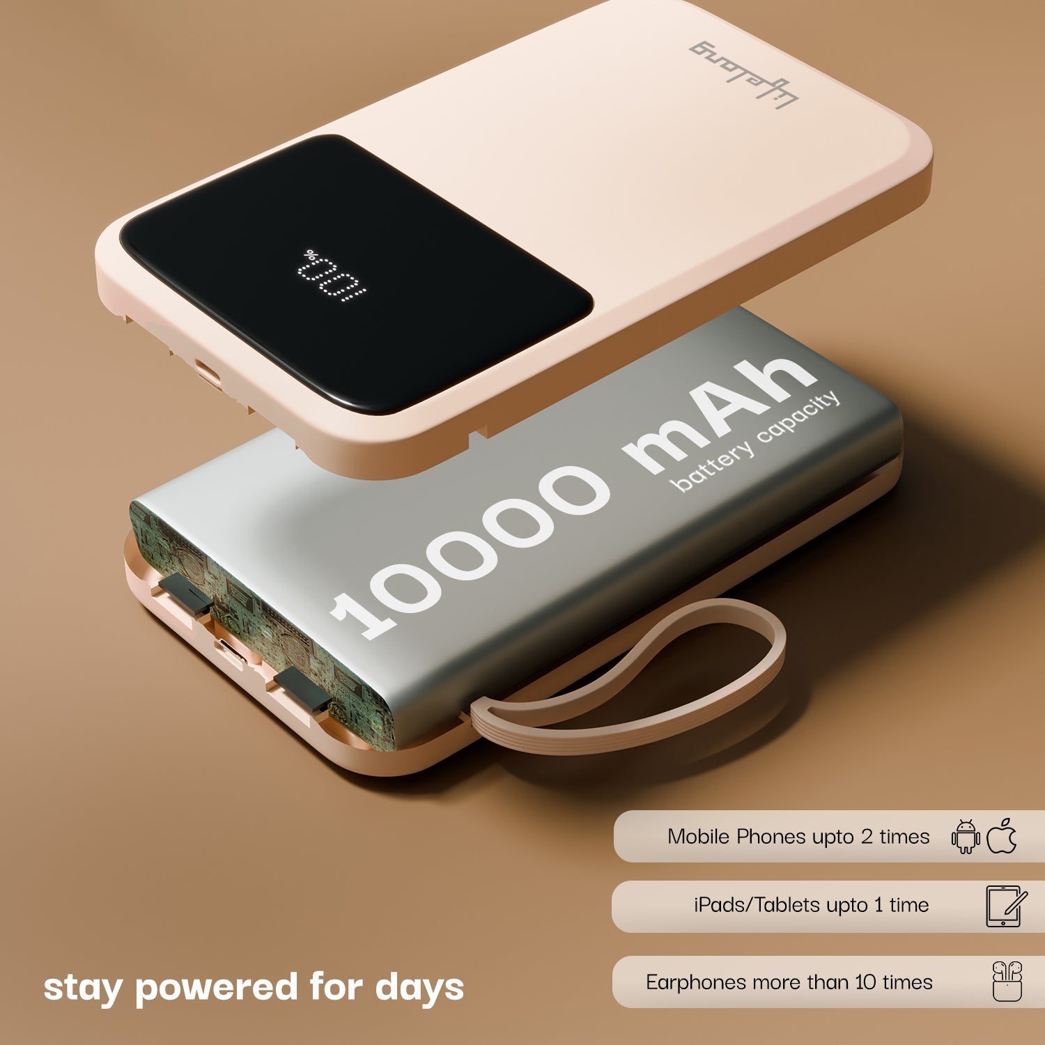 Lifelong Electronics 10000mAh 22.5W Fast Charging Power Bank | 3 Inputs (1 Built-in USB A Cable + 1 C + 1 Lightning Port) & 6 Outputs (3 Built-in Cables + 1 C + 2 A Port) | Small Pocket Size Powerbank
