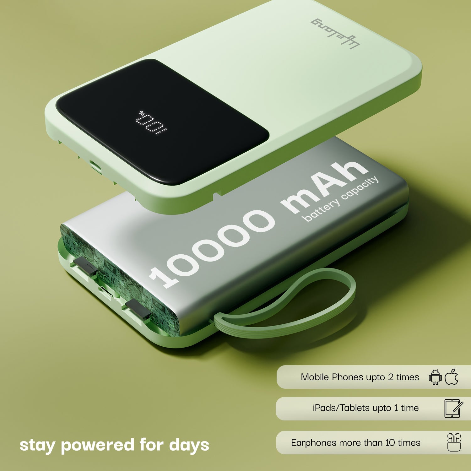 Lifelong Electronics 10000mAh 22.5W Fast Charging Power Bank | 3 Inputs (1 Built-in USB A Cable + 1 C + 1 Lightning Port) & 6 Outputs (3 Built-in Cables + 1 C + 2 A Port) | Small Pocket Size Powerbank