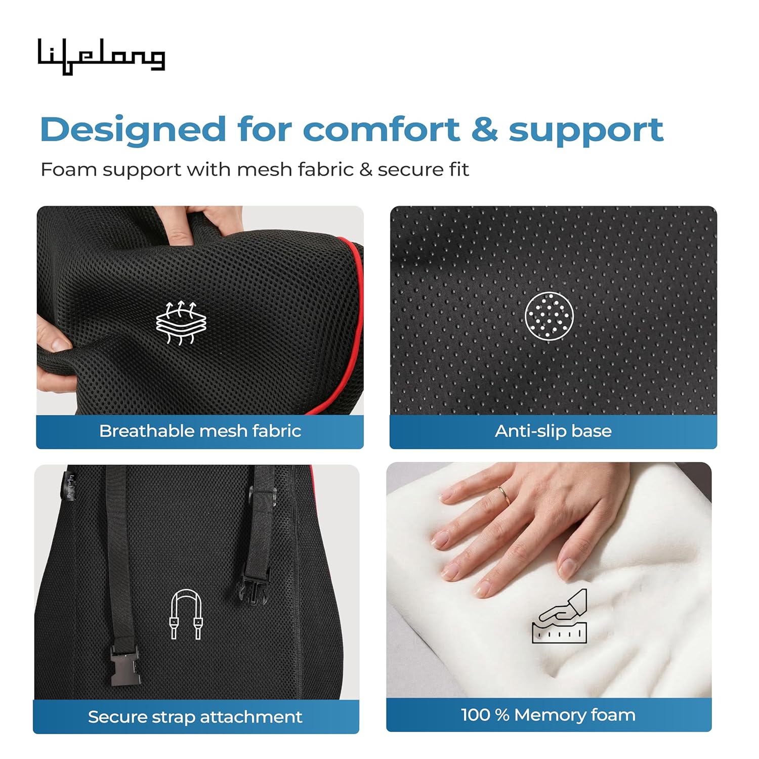 Lifelong Car Seat Cushion & Lumbar Support Combo | 100% Memory Foam Backrest, Headrest Neck Pillow for Driving, Sciatica & Tailbone Pain Relief | Ergonomic 3-in-1 Set, Adjustable Strap (LLCOM03)