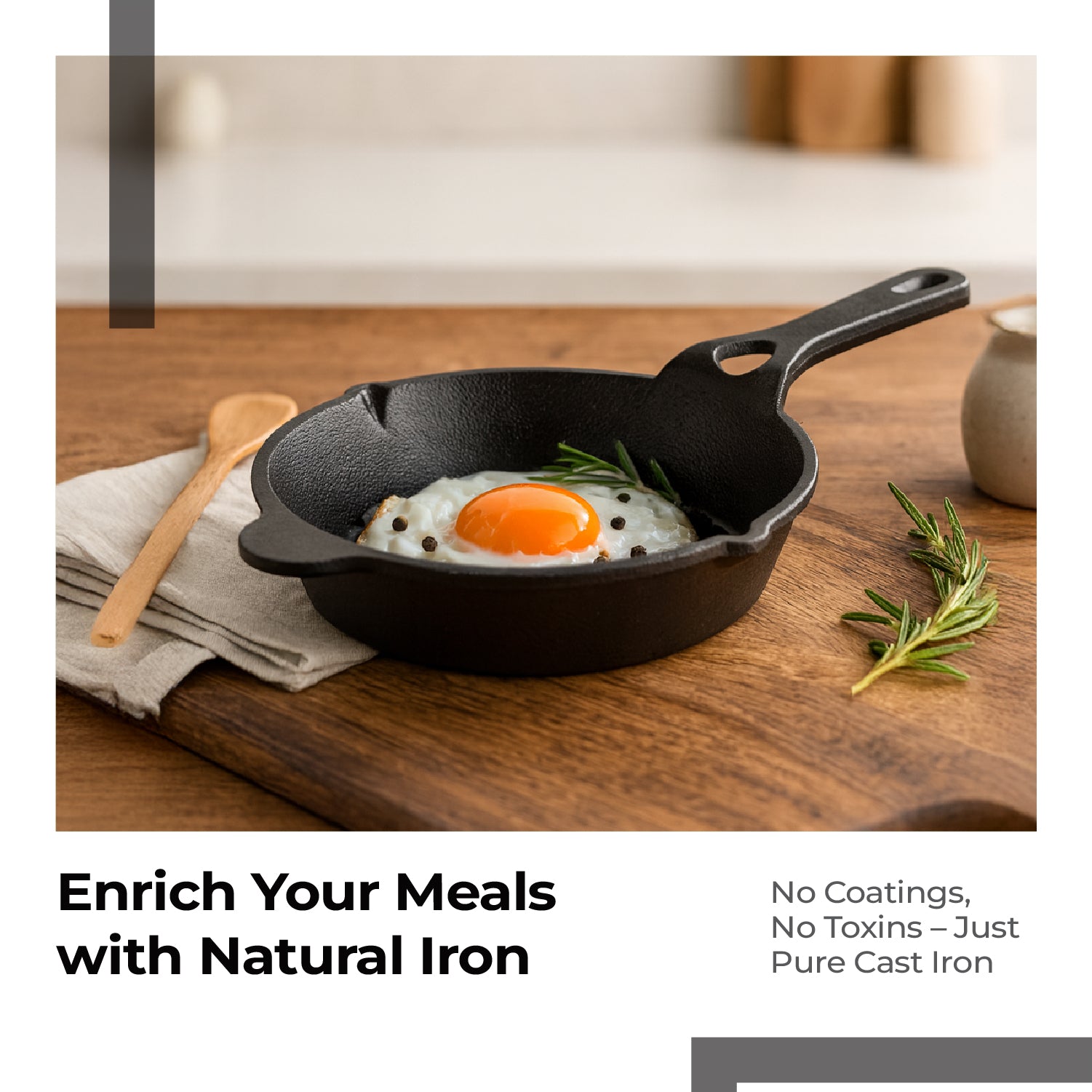 Lifelong Cast Iron Fry Pan 6 inch ( 15.2cm) With Wooden Spatula