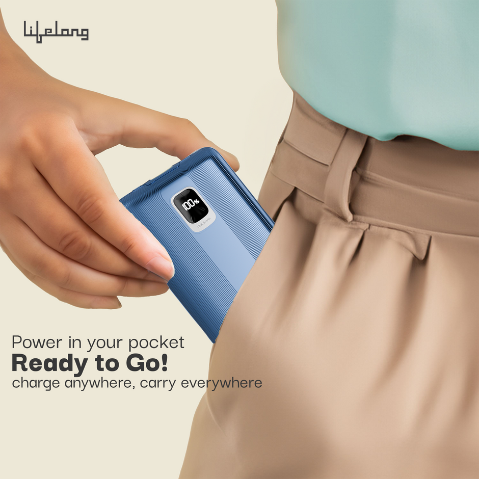 Lifelong 10000mAh Fast Charging Power Bank with Digital Display | Type C Input | 2 Output Ports | Quick Charge 3.0 | 22.5 W PD Powerbank | Cable Included