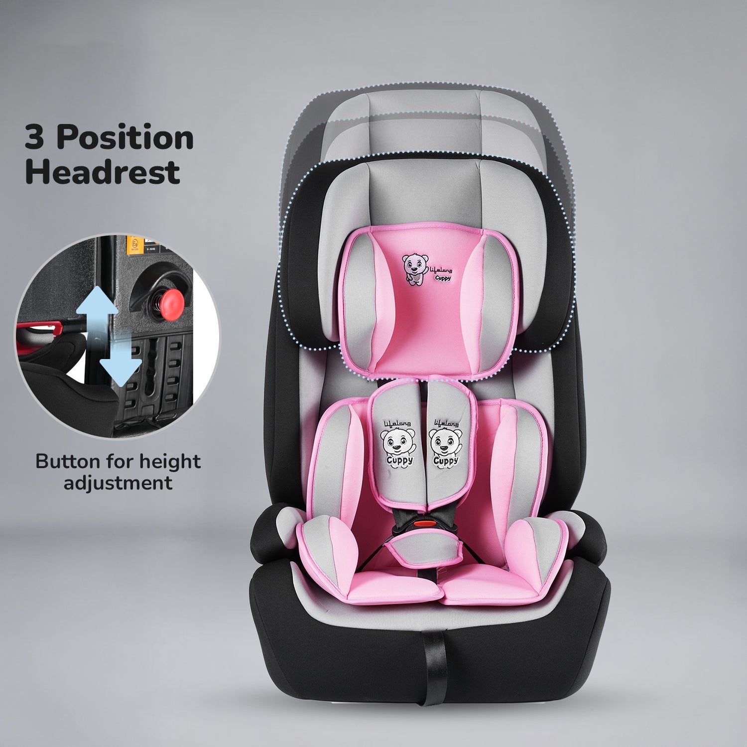 Lifelong Cuppy Baby Car Seat with Isofix of 0 to 12 Years Age Safety Certified Growing Car Seat for Kids (Pink Grey)