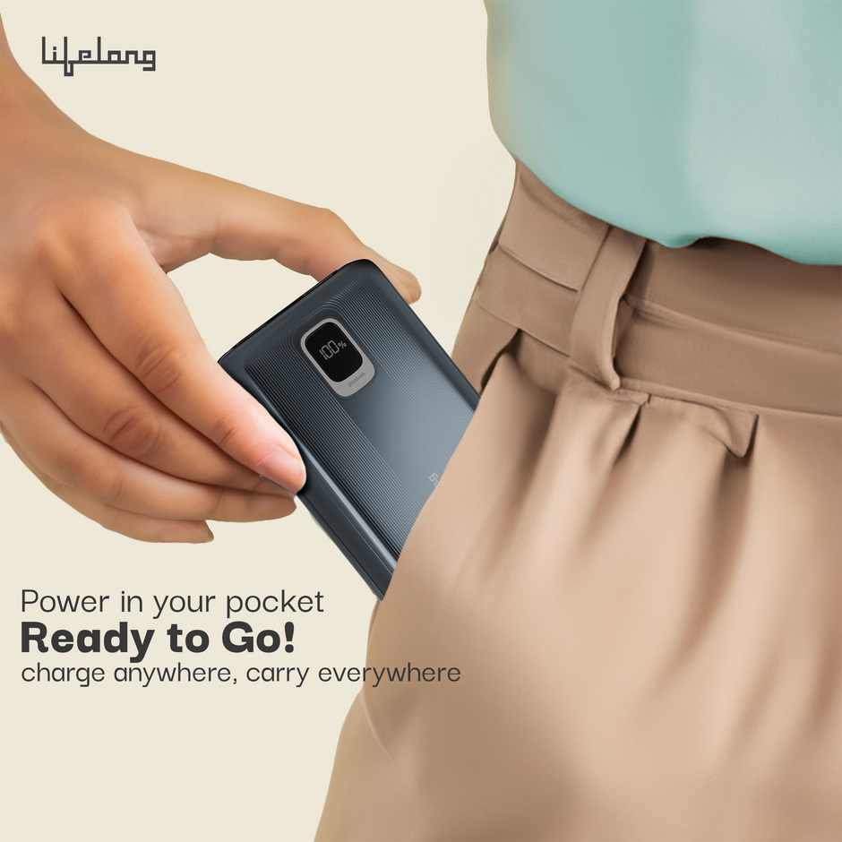 Lifelong 10000mAh Fast Charging Power Bank with Digital Display | Type C Input | 2 Output Ports | Quick Charge 3.0 | 22.5 W PD Powerbank | Cable Included