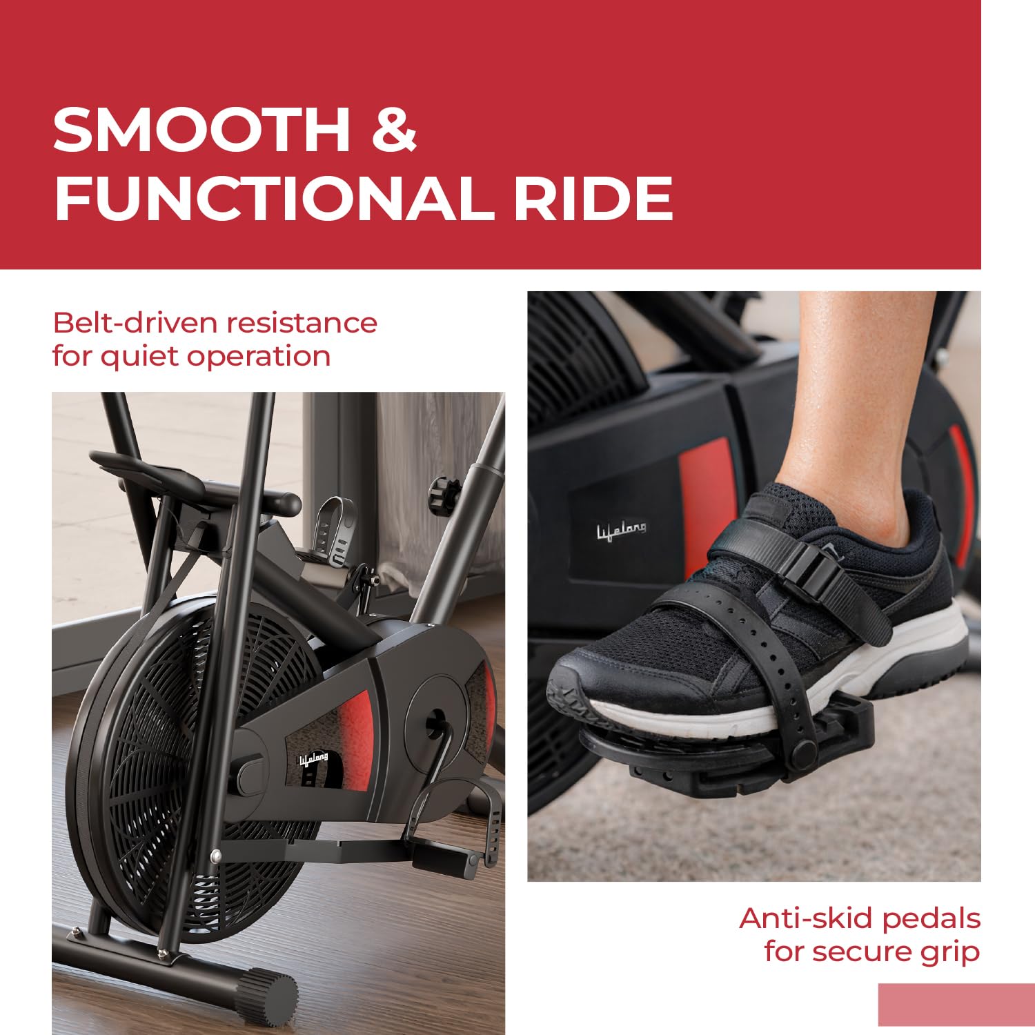 Lifelong Air Bike Exercise Cycle for Home Gym | Dual Action Stationary Cardio Bike for Full Body Workout| Adjustable Cushioned Seat with Backrest |Moving Handles & Anti-Skid Pedals |Max User Weight 125 kg