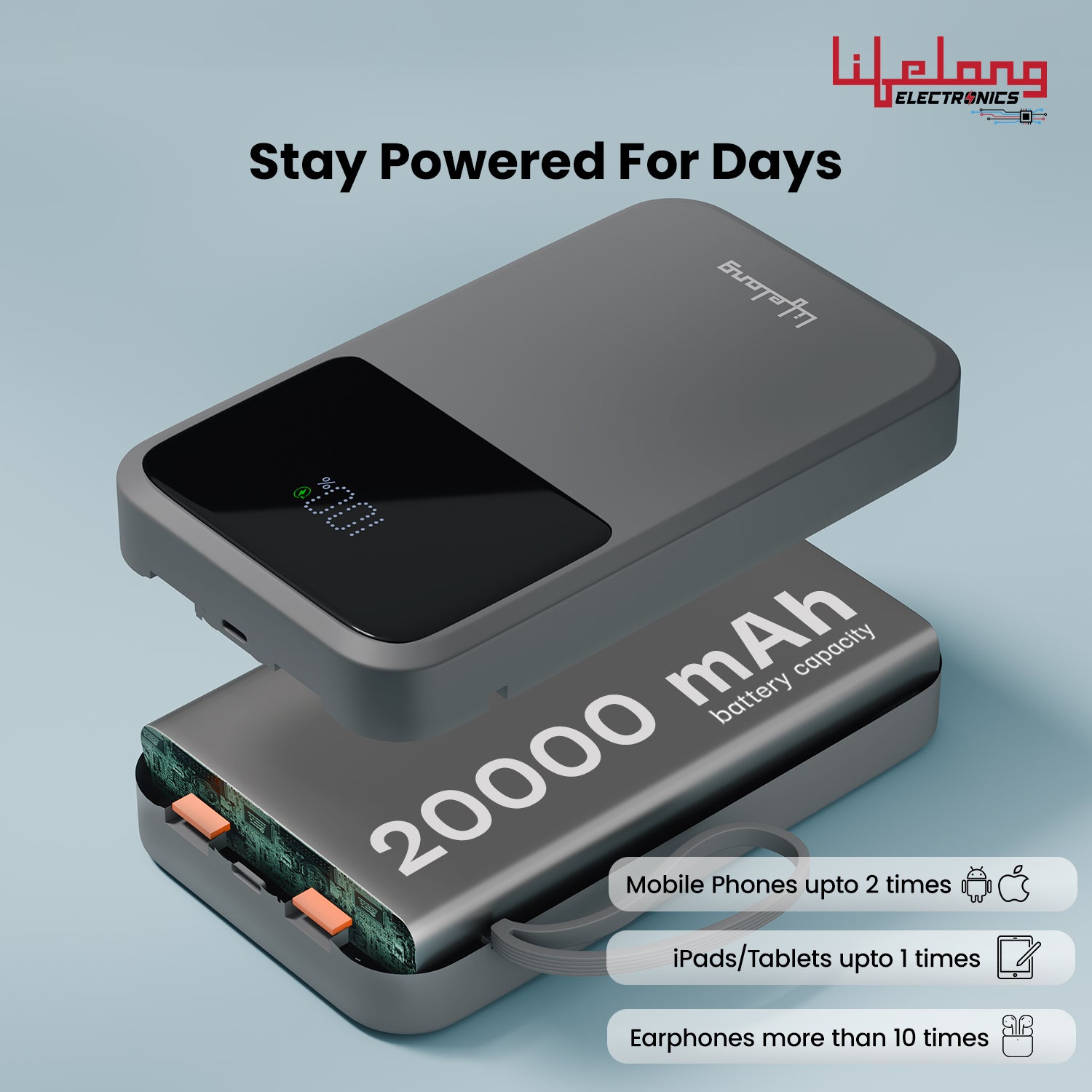 Lifelong Electronics 20000mAh 22.5W Fast Charging Power Bank | 3 Inputs (1 Built-in USB A Cable + 1 C + 1 Lightning Port) & 6 Outputs (3 Built-in Cables + 1 C + 2 A Port) | Small Pocket Size Powerbank