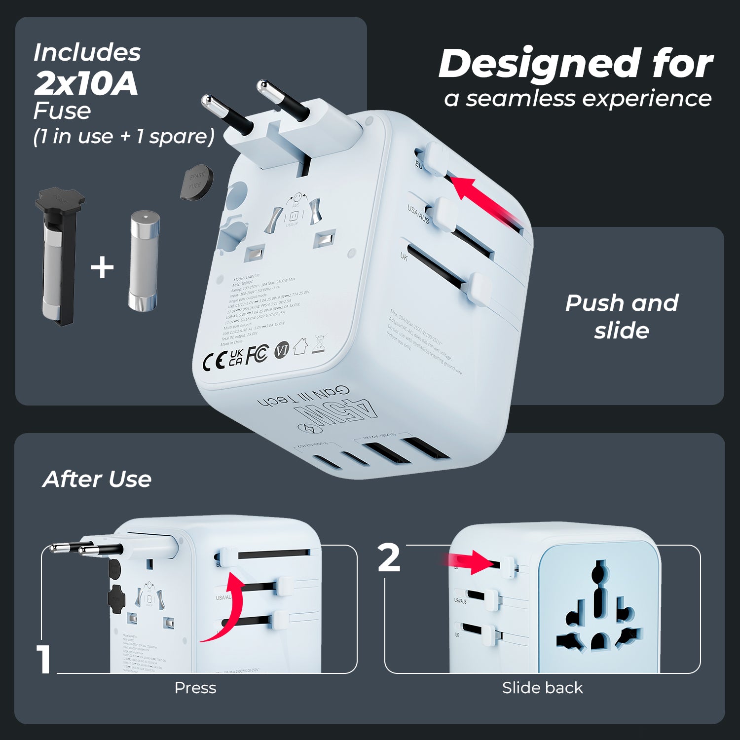 Lifelong Electronics 2500W Universal Travel Adapter All in One | 3 Type-C 45W PD & 2 USB-A 18W QC 3.0 | Dual Fuse Protection | 180+ Countries - Europe/US/Asia etc | International Socket