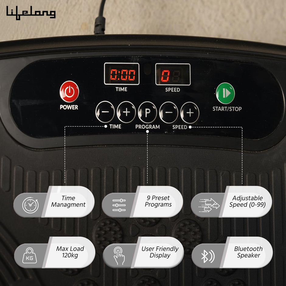 Lifelong Vibration Plate Machine for Home - Body Vibration Weight Loss Machine for Unisex - Muscle Toning, Pain Relief, Flexibility, Gym Equipment for Calorie Burning Comes with 9 Program Modes, Black
