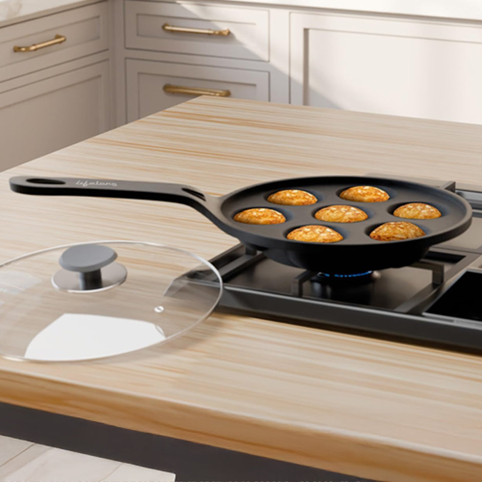 Lifelong Cast Iron paniyaram pan Handle with Glass Lid &  wooden Spatula