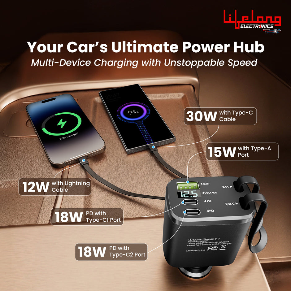 Lifelong Electronics 5-in-1 Car Charger Adapter | 2 Retractable Cables (Type-C & Lightning) + 3 Ports (USB A + 2 Type C) | LED Display | Flexible Head | Fast Charging for iPhone, Android & All Devices
