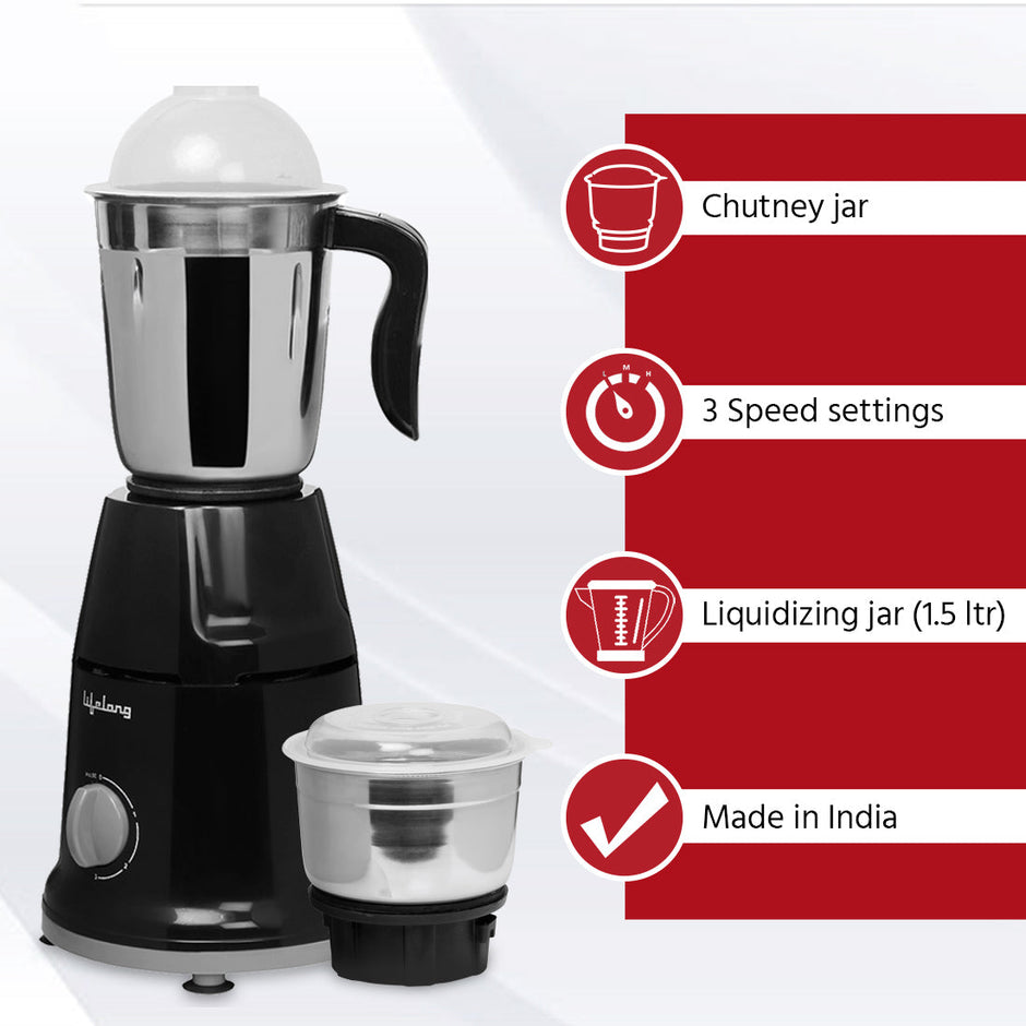 Lifelong LLMG93 Mixer Grinder with 2 Jars, 500W, Stainless Steel Blades, 1-Year Warranty