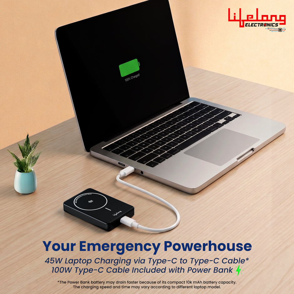 Lifelong Electronics Qi2.2 MagSafe 25W 10000mAh Power Bank | India’s Fastest Wireless Powerbank (iPhone 16/17/Pro/Max/S26Ultra) + 45W Wired Charging (All Type-C Phones & Laptops) | 100W Cable Included