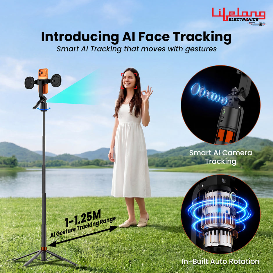Lifelong Electronics AI Powered Selfie Stick Tripod 183CM/72 Inches | Auto Face Tracking | Quad Leg Stability Mobile Stand for Desk with Dual Influencer Light (5W) | Tripod Stand for Phone & Camera