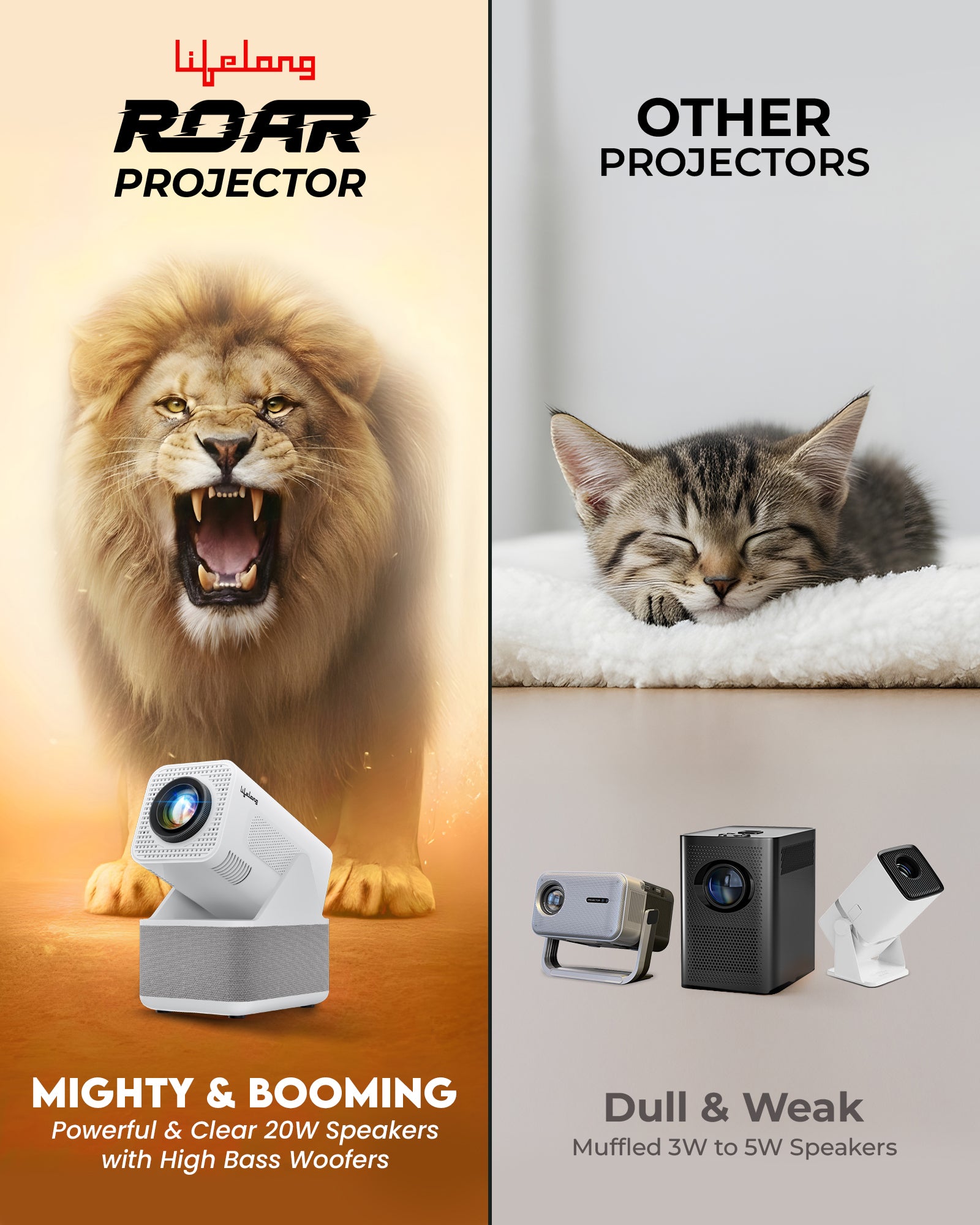 Lifelong Electronics ROAR Projector with 2 Mics | Booming 20W Speakers | Cricket Commentary, Karaoke Party & Room Cinema | 1080P & 4K Ultra HD Support | All Android OTT Apps | Ultra Bright 150” Screen