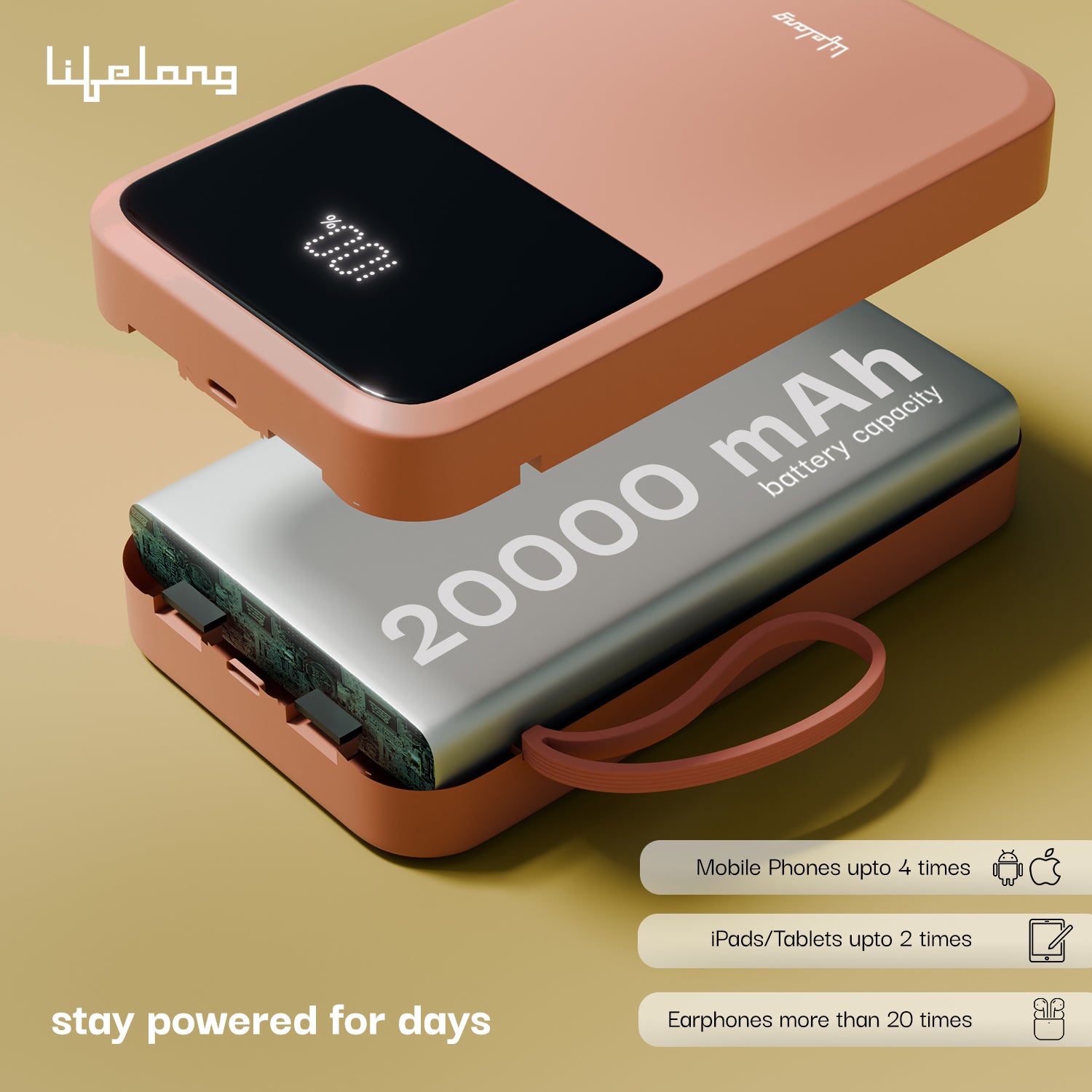Lifelong Electronics 20000mAh 22.5W Fast Charging Power Bank | 3 Inputs (1 Built-in USB A Cable + 1 C + 1 Lightning Port) & 6 Outputs (3 Built-in Cables + 1 C + 2 A Port) | Small Pocket Size Powerbank