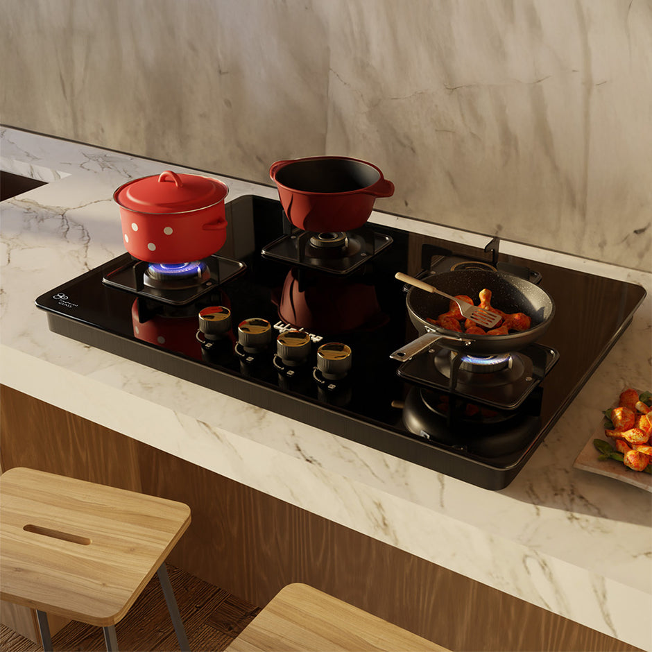 4 Burner Hob Top Gas Stove – Automatic Ignition, Toughened Glass, Italian Valve