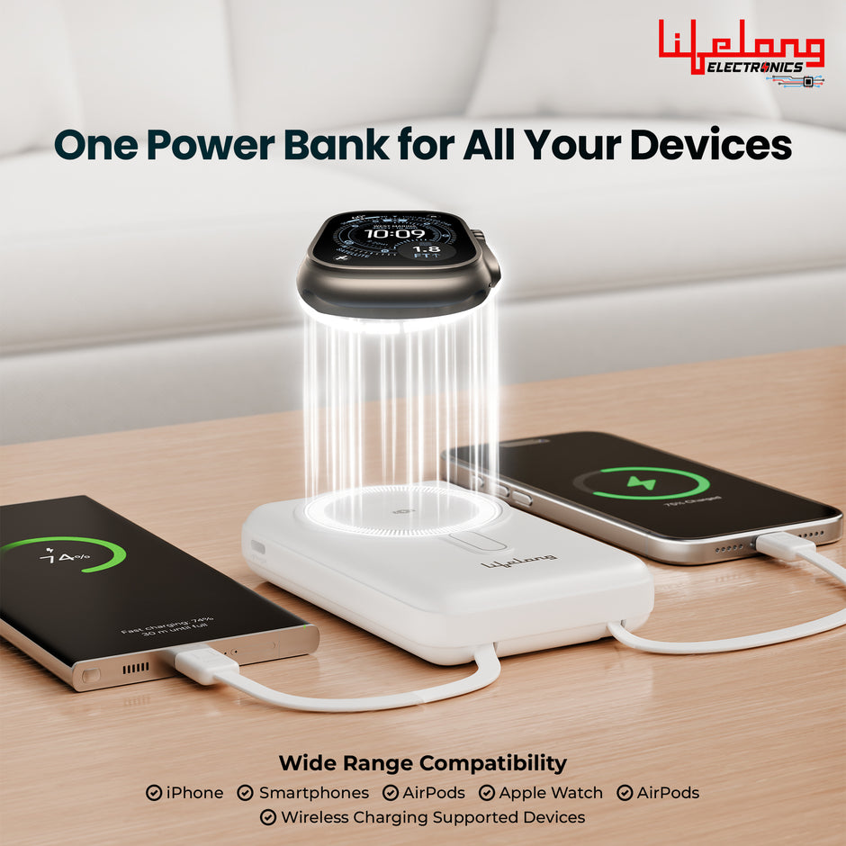 Lifelong Electronics 10000mAh MagSafe Wireless Power Bank | 2 Cables - Lightning & Type C - for Wired Fast Charging | Powerbank for iPhone, iWatch and All Qi Enabled Phones & Devices | Display & Stand